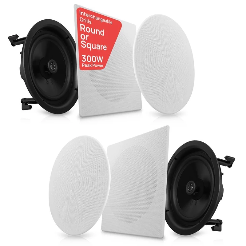 Pyle Ceiling Speaker, Built-in Speaker, Bluetooth Ceiling Speaker, 300 W 2-Way Speaker, Wall Speaker, Flat Speaker System Mounting, Interchangeable Round/Square Grid
