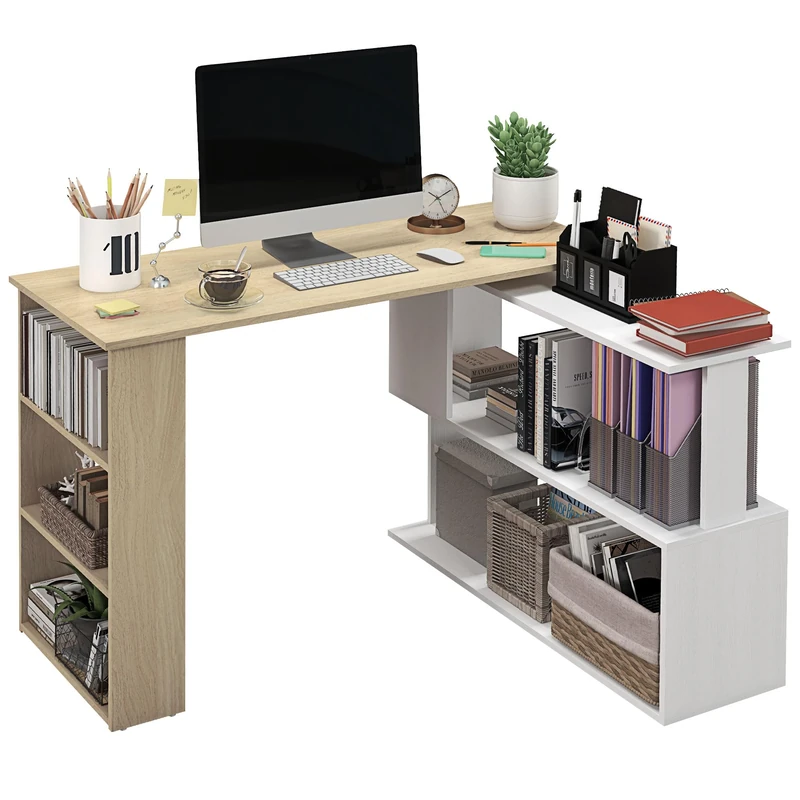 HOMCOM L Shaped Desk with Bookshelf Corner Computer Desk Natural and White
