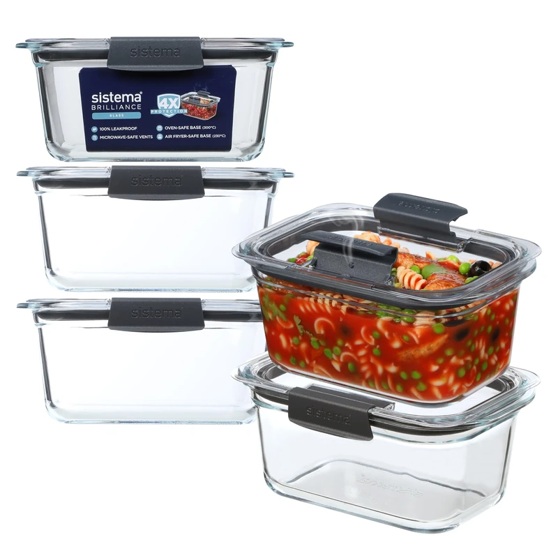 Sistema Brilliance Glass Meal Prep Containers 1.1L, 5 Pack, 100% Leakproof & Airtight, Microwave Vents for Splatter-Free Heating, Over Safe & Air Fryer Safe Base, Freezer-Safe Meal Prep Containers