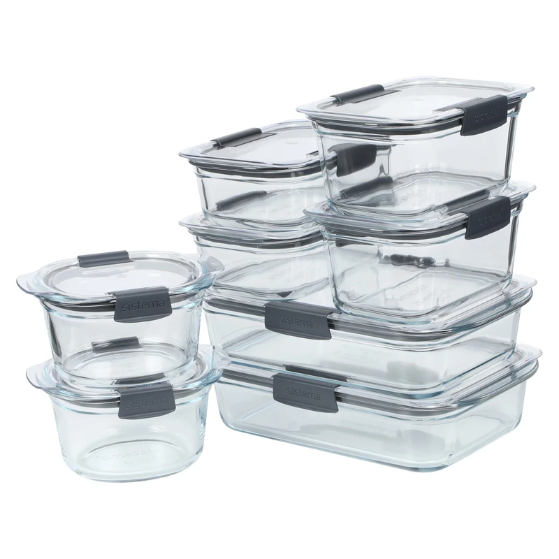 Sistema Brilliance Glass Food Storage Containers 8 Piece Set, 100% Leakproof & Airtight, Microwave Vents for Splatter-Free Heating, Over Safe & Air Fryer Safe Base, Freezer-Safe Meal Prep Containers
