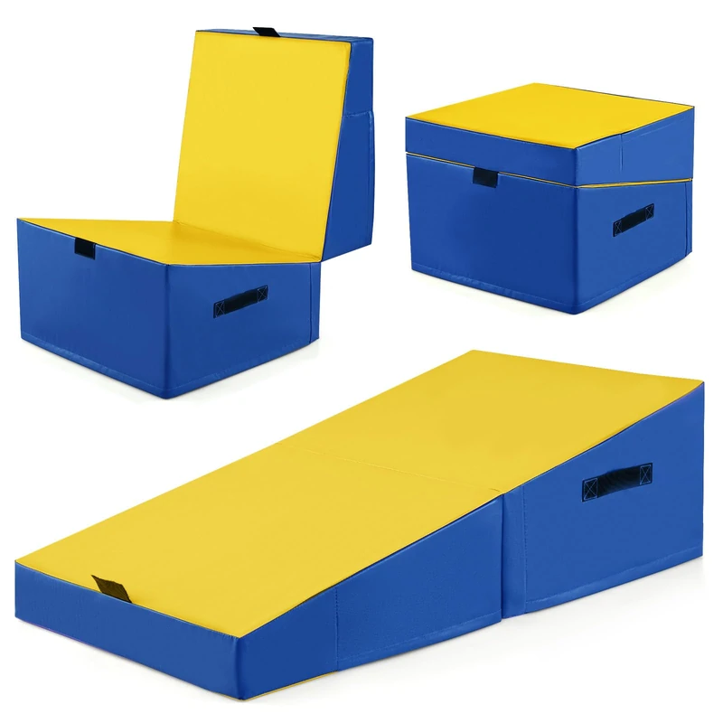 GYMAX Foldable Incline Gymnastics Mat (Yellow+Blue)