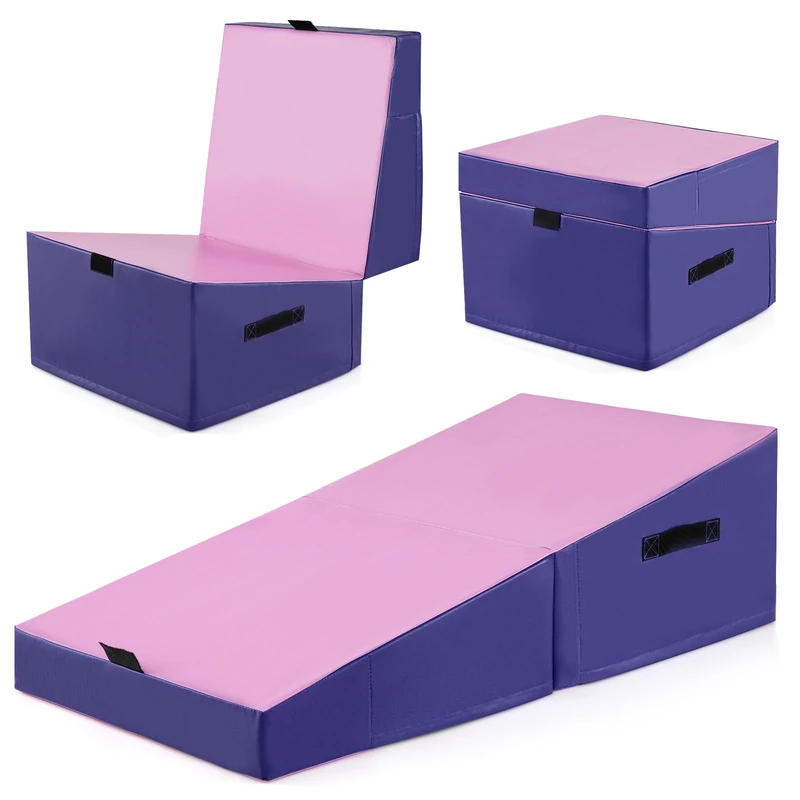 GYMAX Foldable Incline Gymnastics Mat (Purple+Light Pink)