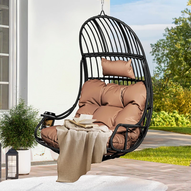 YITAHOME Hanging Egg Chair, Brown Cushion & BlacK PE Rattan, 150kg Capacity