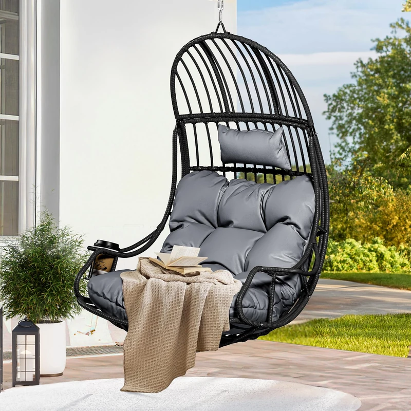 YITAHOME Hanging Egg Chair, Gray Cushion & BlacK PE Rattan, 150kg Capacity