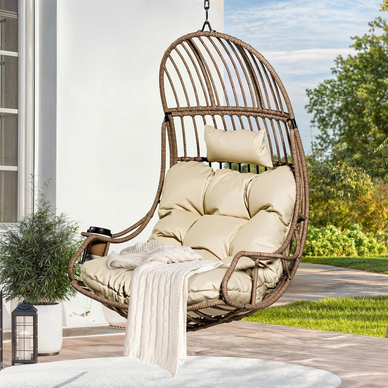 YITAHOME Hanging Egg Chair, Beige Cushion & Brown PE Rattan, 150kg Capacity