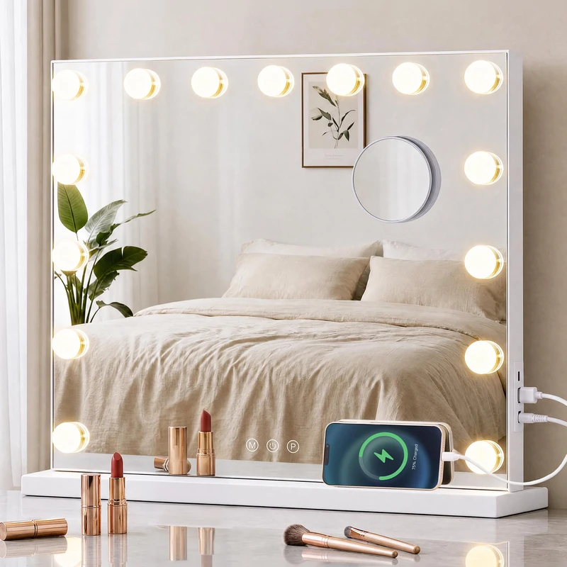 SONGMICS Vanity Mirror with Lights, Makeup Mirror with 15 LEDs, 3 Colour Modes, Dimmable, 10x Magnifying, USB Port, 48 x 58 x 5.7 cm, for Dressing Table, Matte White, Berit Collection LWM221WC03