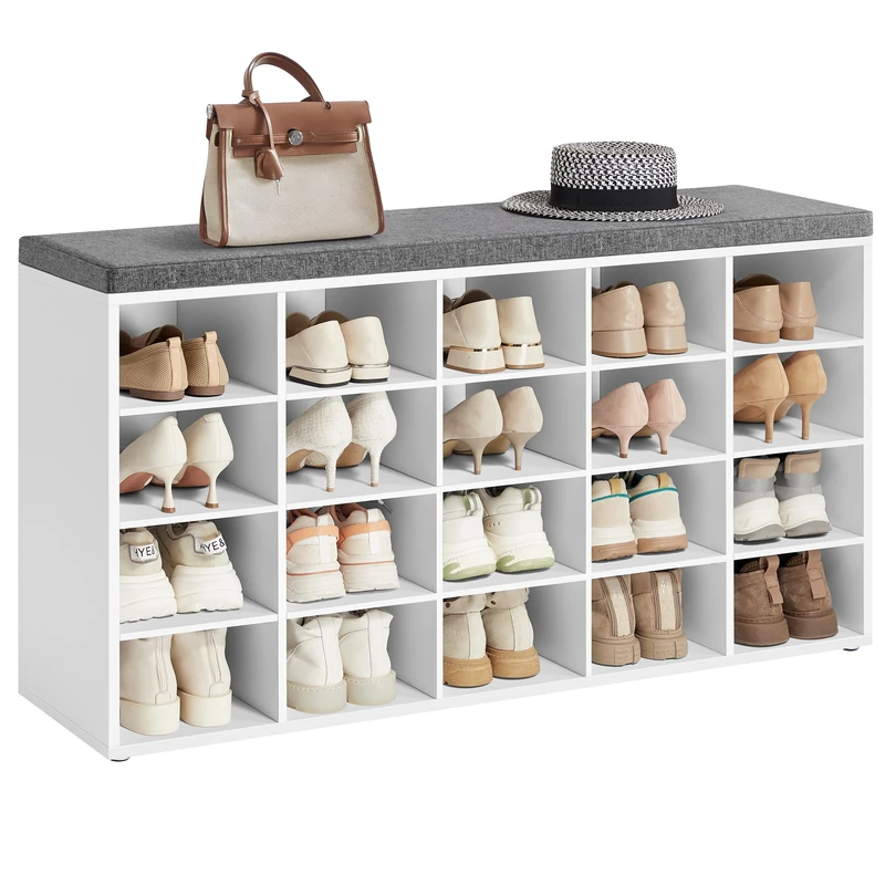 VASAGLE Shoe Bench, Storage Bench with Padded Seat, with Cushion, 20 Compartments, Adjustable Shelves, for Living Room, Hallway, 120 x 30.5 x 62.7 cm, Linen White and Serene Grey LHS045WB02