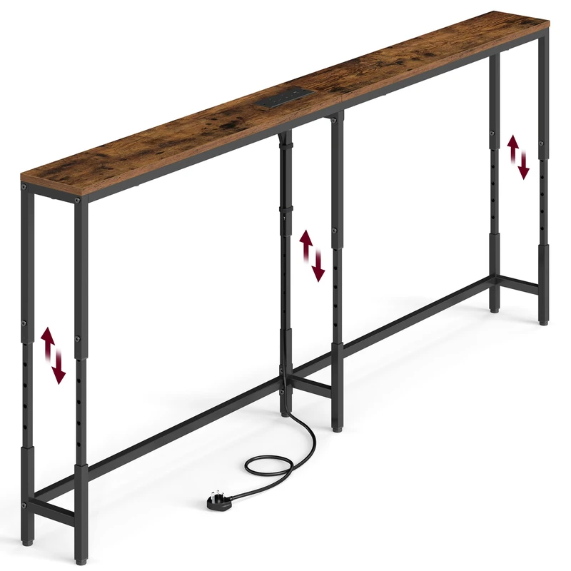 VASAGLE Console Table, Adjustable Height Sofa Table with Power Outlets, Narrow Behind Couch Shelf for Living Room, 160 x 15 x (64-89.4) cm, Rustic Brown and Matte Black, BARNET Collection LNT186K103