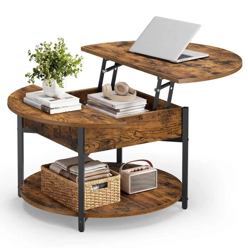 VASAGLE Round Coffee Table, Lift Top Table with Hidden Storage