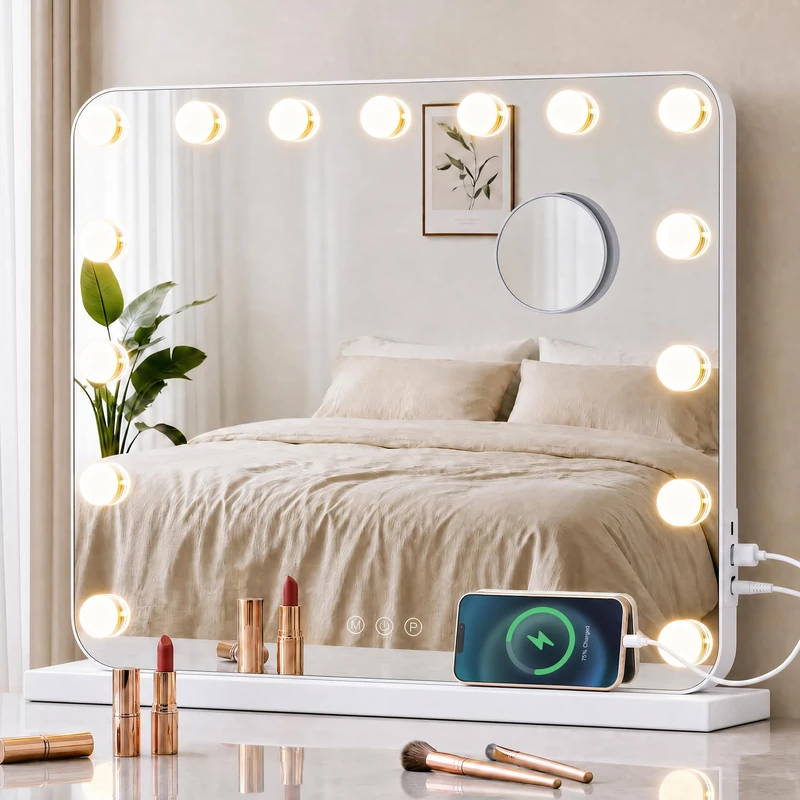 SONGMICS Vanity Mirror with Lights, Makeup Mirror with 15 LEDs, 3 Colour Modes, Dimmable, 10x Magnifying, USB Port, 48 x 58 x 5.7 cm, for Dressing Table, Matte White, Berit Collection LWM321WC03