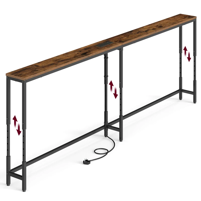 VASAGLE Console Table, Adjustable Height Sofa Table with Power Outlets, Narrow Behind Couch Shelf for Living Room, 200 x 15 x (64-89.4) cm, Rustic Brown and Matte Black, Barnet Collection LNT187K103