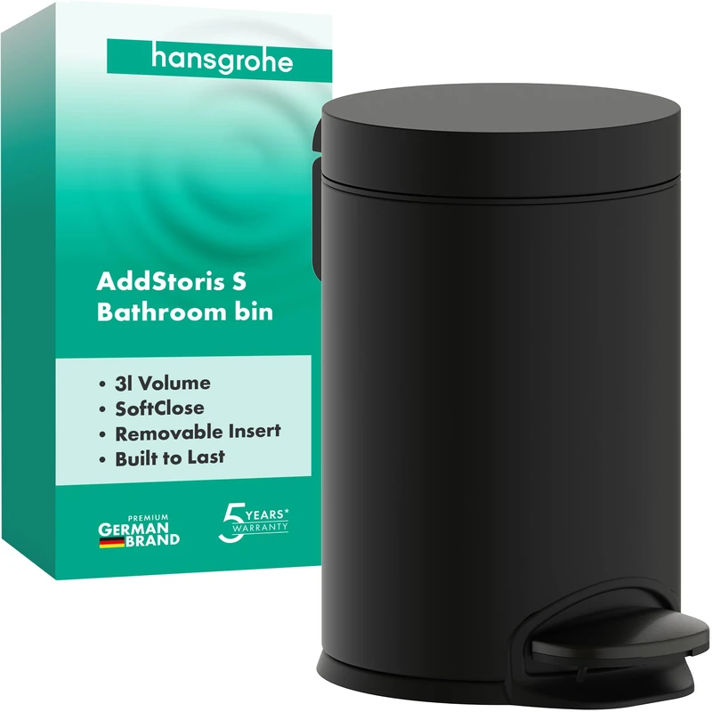 Hansgrohe AddStoris - bathroom pedal bin, toilet bin with 3 l capacity, bathroom accessories, brushed black chrome, 41775340