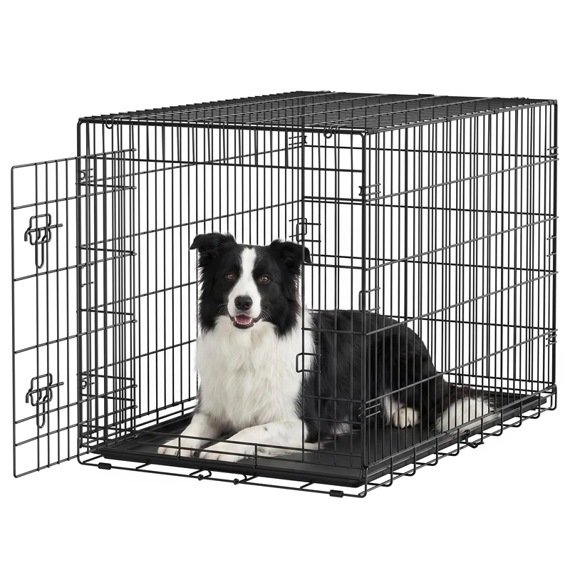 Feandrea Dog Crate, Single Door Folding Steel Cage, 107 x 70.6 x 70.6 cm