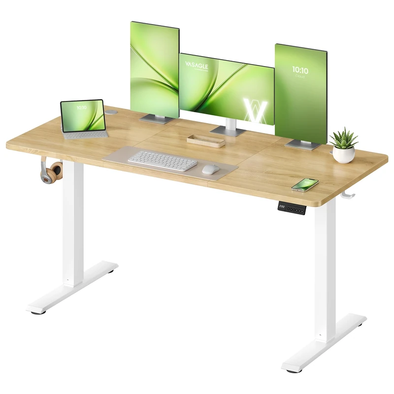 VASAGLE Electric Standing Desk, Height Adjustable Desk, Sedentary Reminder, 4 Memory Heights, for Home Office, 140 x 60 cm, Yellow Oak and Matte White LSD314YA01