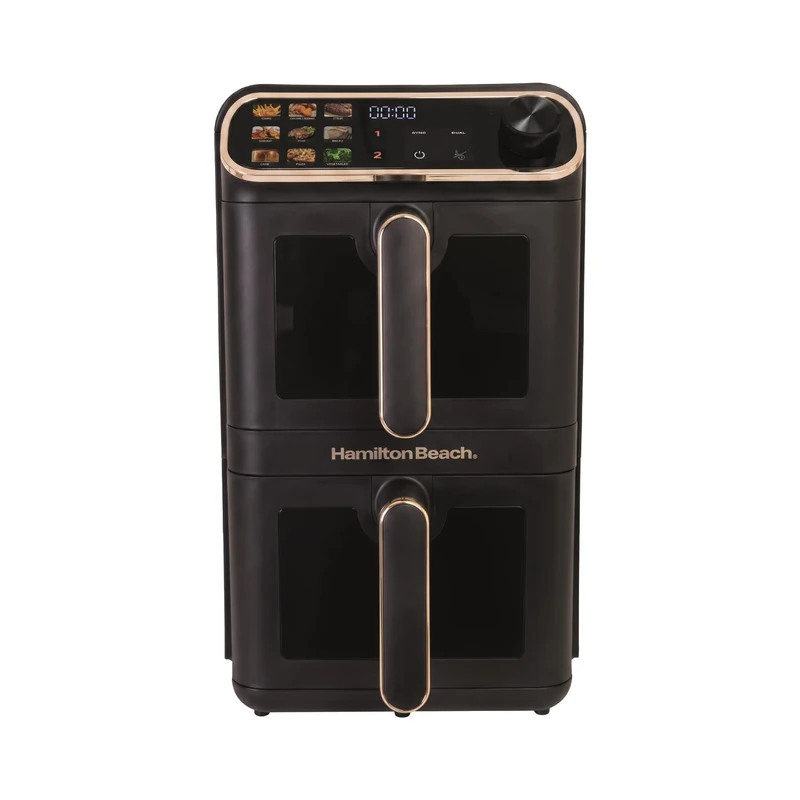 Hamilton Beach XL 11L DualStack Air Fryer – Dual 5.5L Drawers, 9 One-Touch Functions, Digital Colour Presets, Windows, Match Cook & Sync, Non-Stick, Slim Space-Saving – Black & Brushed Brass – HBA12BK