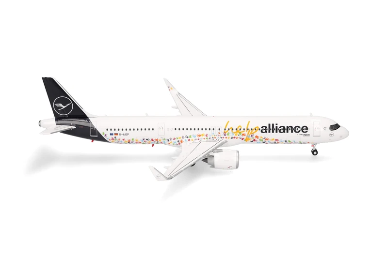 Herpa airplane model Lufthansa Airbus A321neo "Help Alliance", on a scale of 1:200, plastic miniature with pedastal, model building, collectors edition