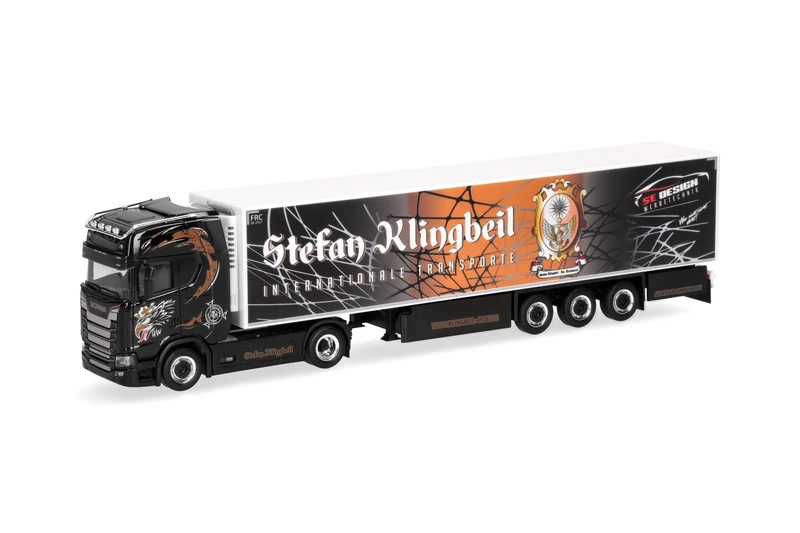 Herpa truck model Scania CS 20 HD refrigerated box semitrailer "Stefan Klingbeil Transporte", on a scale of 1:87, plastic miniature, made in Germany, model building, collectors edition
