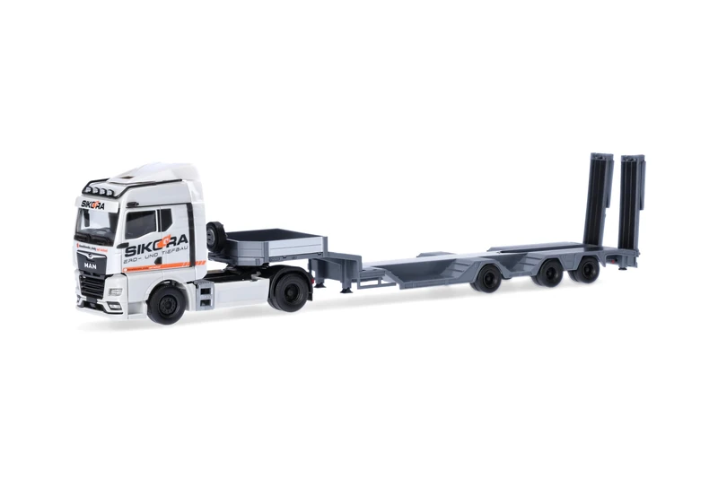 Herpa truck model MAN TGX GM semi low-boy semitrailer "Sikora/Trucker Babe Cindy", on a scale of 1:87, plastic miniature, made in Germany, model building, collectors edition
