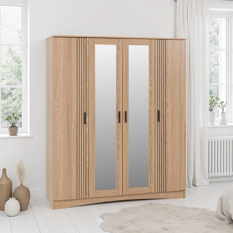 Seconique Tessa 4 Door Mirrored Wardrobe in Natural Oak Effect