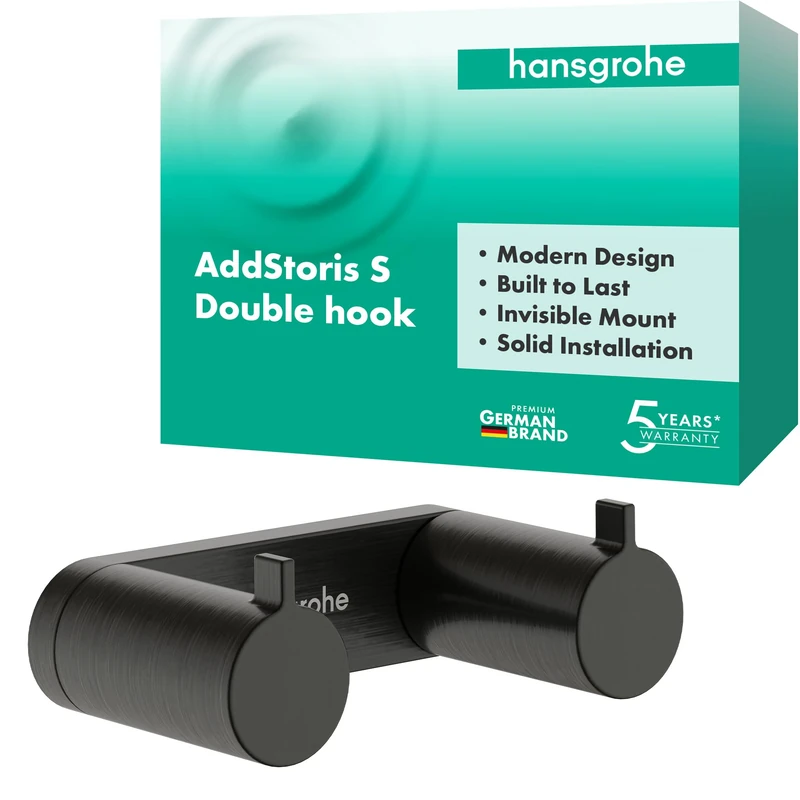 hansgrohe AddStoris S - towel hook double, towel holder, bathrobe hook, concealed fastening, bathroom accessories, brushed black chrome, 41785340