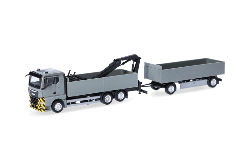 Herpa truck model MAN TGX GN plank-bed trailer with crane, grey/yellow, on a scale of 1:87, plastic miniature, made in Germany, model building, collectors edition