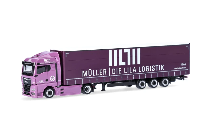 Herpa truck model MAN eTGX GM volume curtain canvas semitrailer "Müller - Die lila Logistik", on a scale of 1:87, plastic miniature, made in Germany, model building, collectors edition