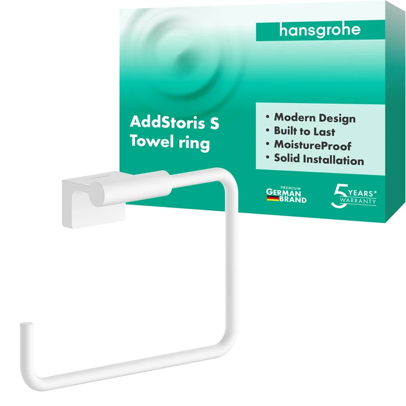 hansgrohe AddStoris S - towel holder, towel ring for wall mounting, concealed fastening, bathroom accessories, matt white, 41784700