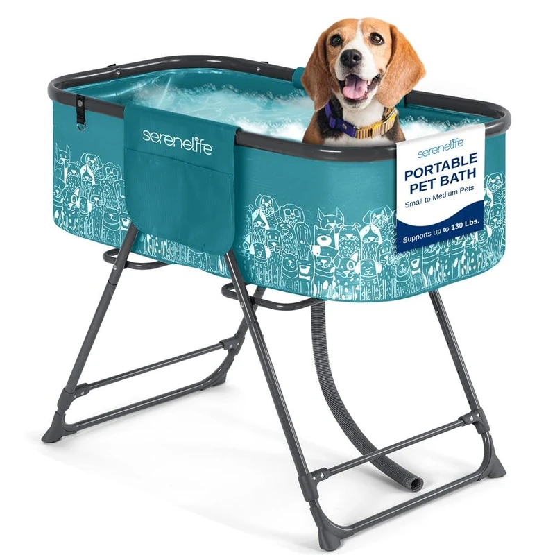 SereneLife Dog Bath, Raised & Foldable Bathtub with 3-Point Harness, Drain & Side Pockets, Ideal for Travel, Balcony & Home, for Pets up to 59 kg