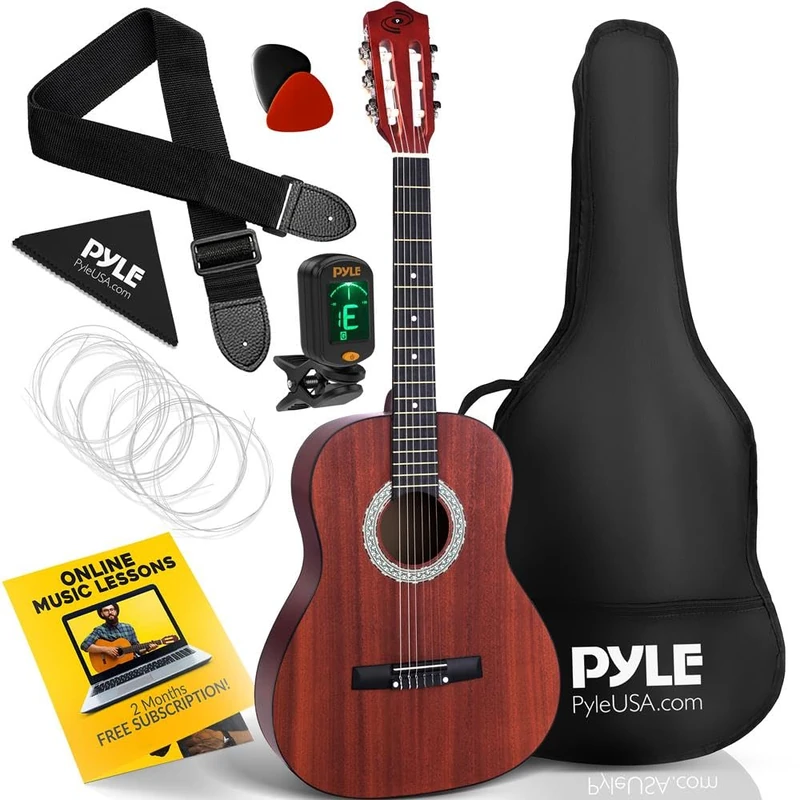 Pyle Acoustic Guitar Junior Set – 91 cm Right-Handed Sapele Guitar for Beginners, Kids, Teens & Adults with Nylon Strings & Accessories Pack, Mahogany Finish