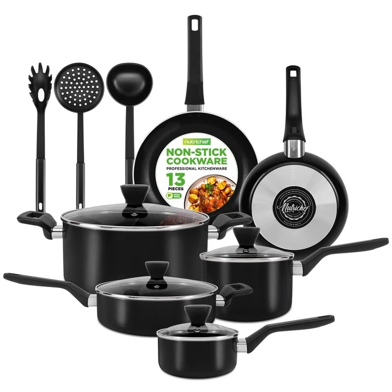 NutriChef 13-Piece Pot and Pan Set Non-Stick, Kitchen Cookware Set, w/Saucepan, Frying Pans, Cooking Pots, Casserole, Lids, Ladle, Fork, Strainer, Heat Resistant, PFOA Free, Black