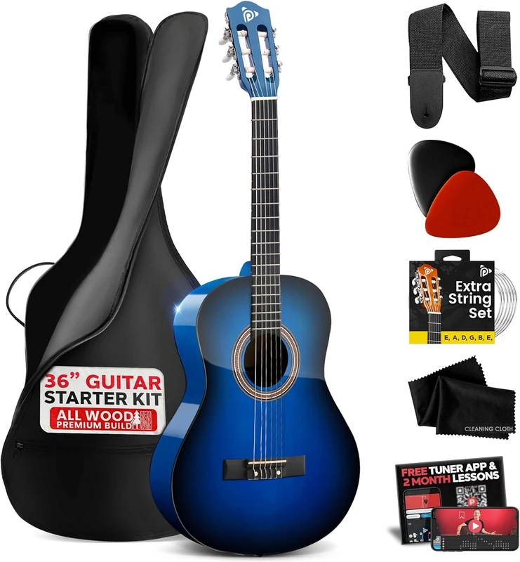 Pyle Beginner Acoustic Guitar, Junior Size 99 cm, All Wood Build Nylon String with Capo Strap, Extra String Set, and Gig Bag Acoustic, For Kids Adults Youth Classical Kit Blue Burst, Gloss