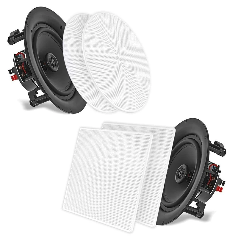 Pyle In-Wall/in-Ceiling Speaker, 20.3cm Dual Stereo Speakers, 250 Watt, 2-Way Full Range, Flush Mount Design, Changeable Round & Square Grills, White (Pair)