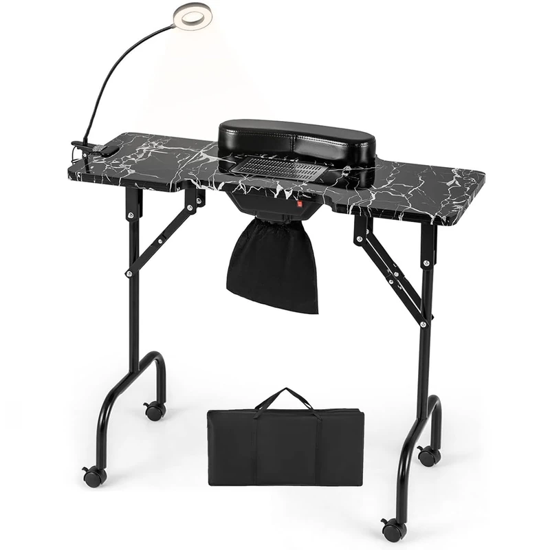 RELAX4LIFE Portable Manicure Nail Table, Mobile Folding Nail Technician Workstation with Dust Collector, LED Lamp, Removable Wrist Cushion, Carry Bag, Professional Beauty Desk (Black, 90 x 40 x 77cm)