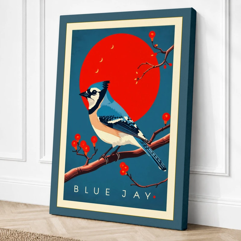 Blue Jay and Berries Vintage Canvas Wall Art Print 36x24 Inch