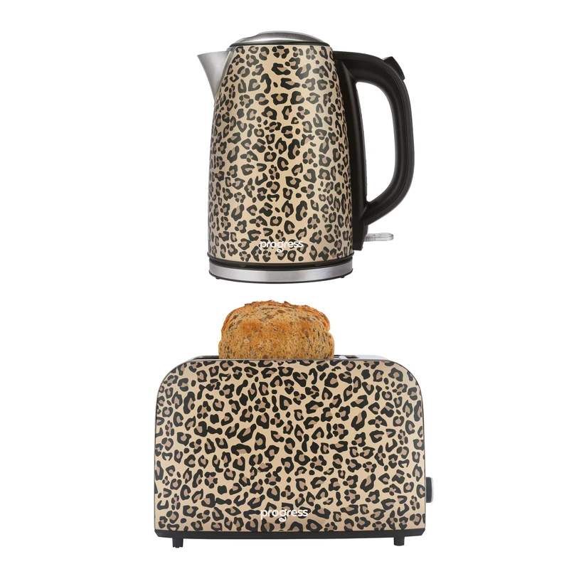 Progress Leopard Print Kettle And Toaster Set, 2-Slice, 1.7 L, Beige