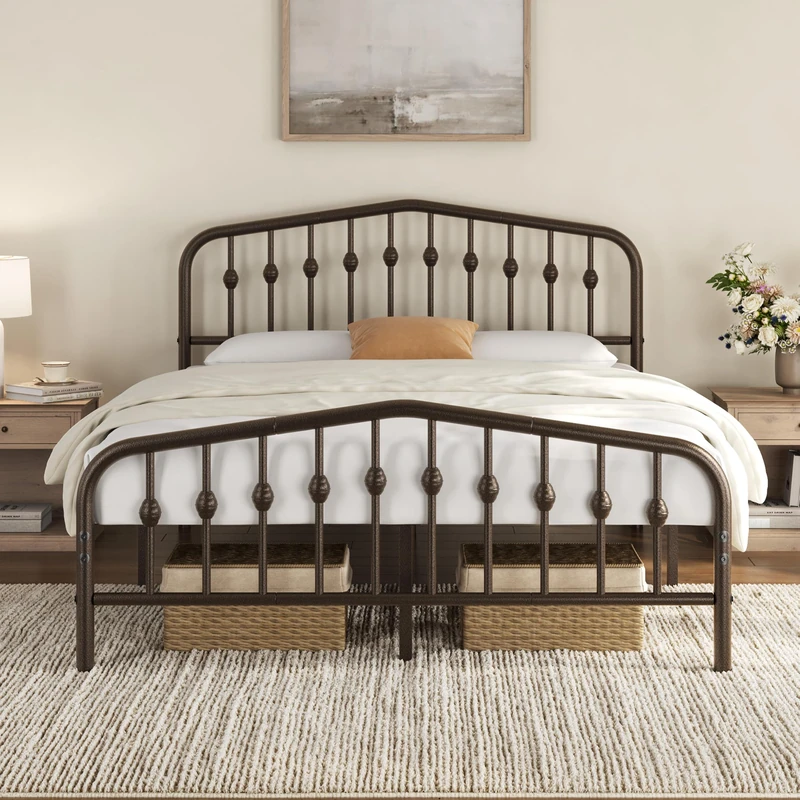 Yaheetech 5ft King Metal Bed Frame with Crown-inspired Design, Bronze