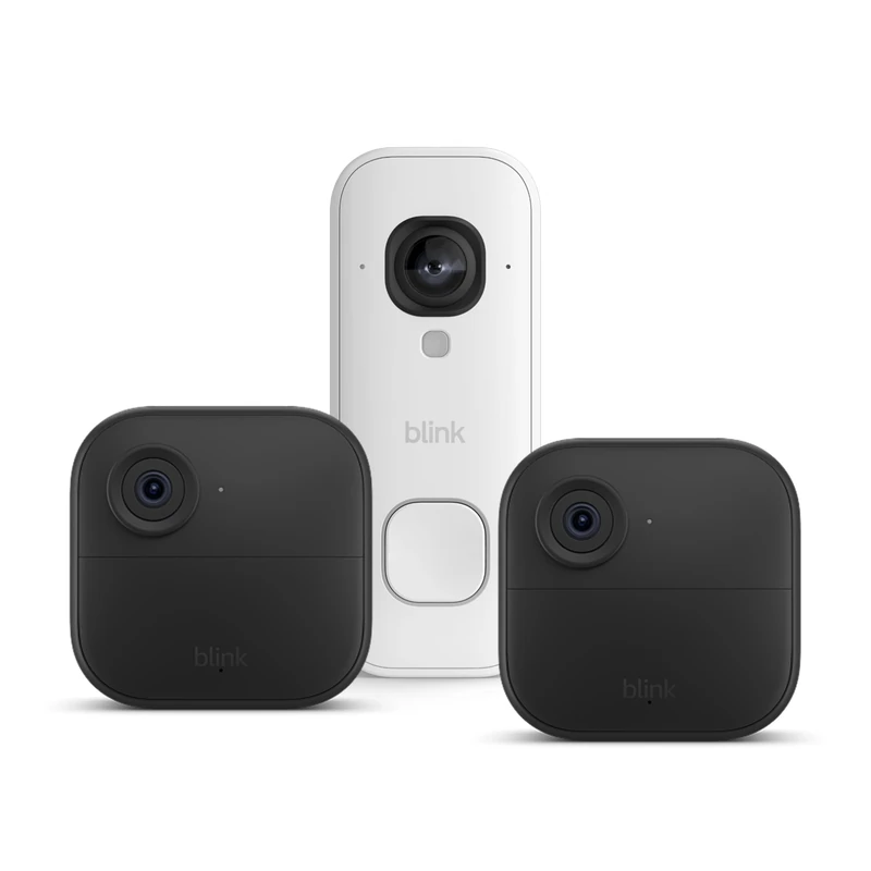 Blink Outdoor 4 Cameras with Blink Wired Video Doorbell 2K+ (White), Sync Module Core included