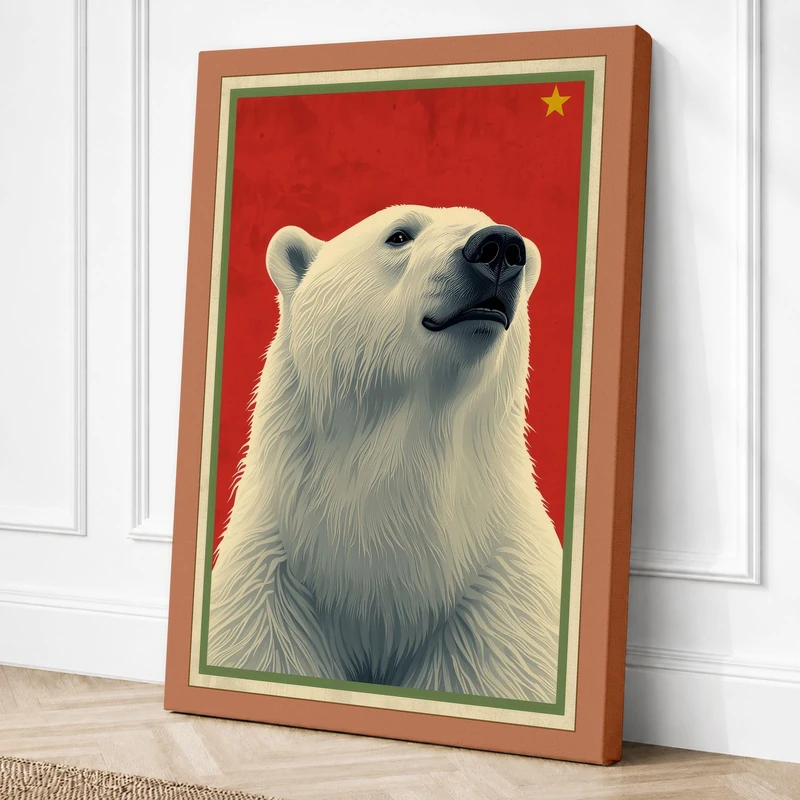 Polar Bear with Red Star Canvas Wall Art Print 36x24 Inch (91 x 61 cm)