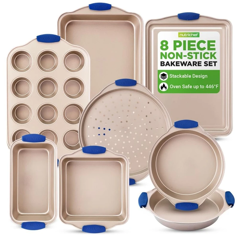 NutriChef Kitchen Oven Baking Pans - Deluxe Nonstick Gold Coating Inside & Outside Carbon Steel Bakeware Set with Blue Silicone Handles, Durable & Reliable Cookie Sheet Oven Pan Style