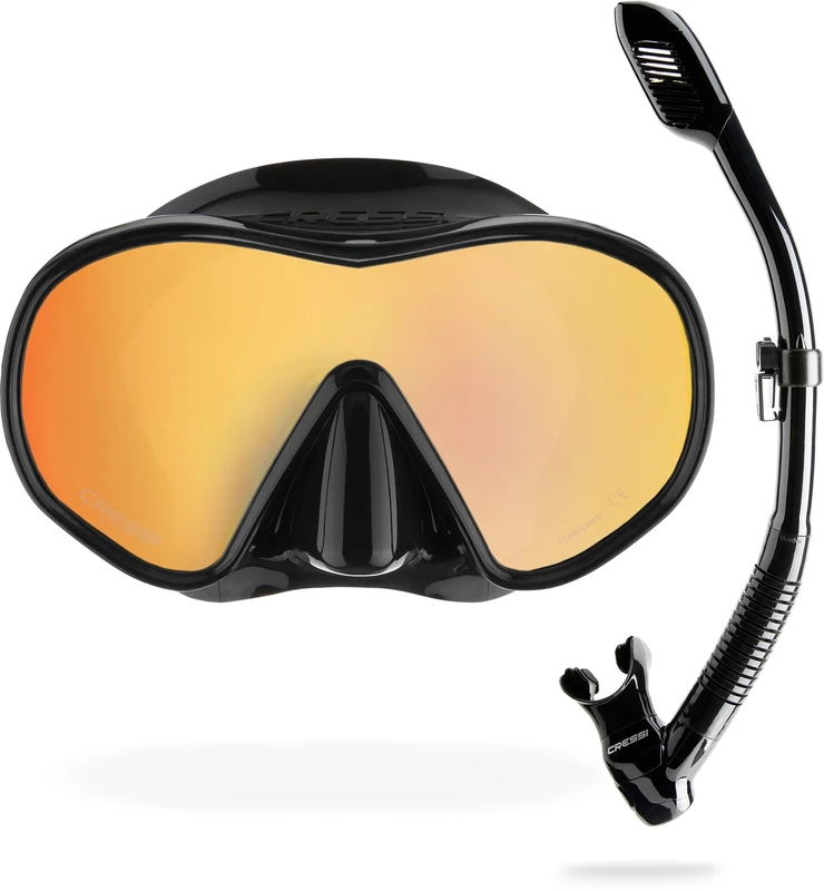 CRESSI F-Dual + Supernova Dry Snorkeling Combo Set Black 380 UV Blue/Orange Lenses