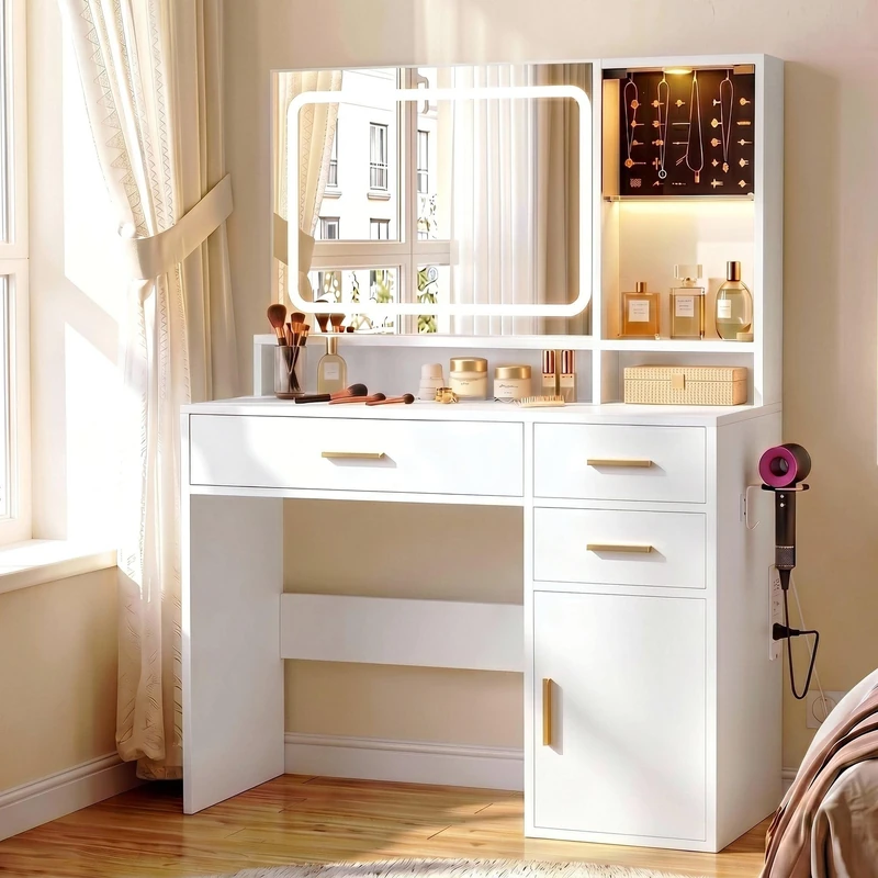 IRONCK Dressing Table with LED Mirror & Power Outlet, Jewellery Storage