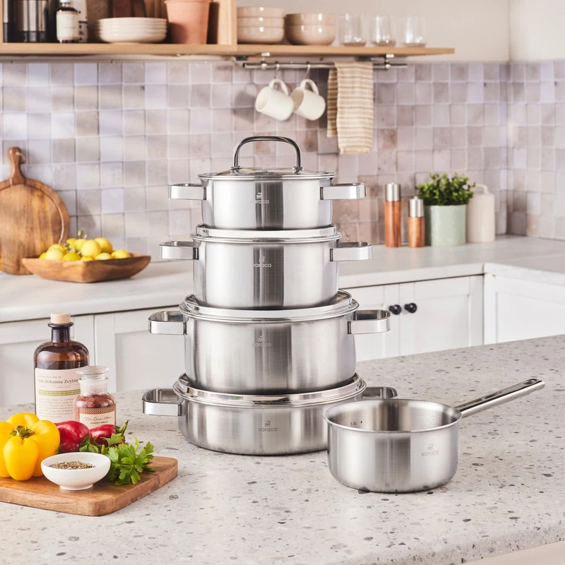 KARACA New Ares 3-Ply Stainless Steel 9-Piece Cookware Set, Silver