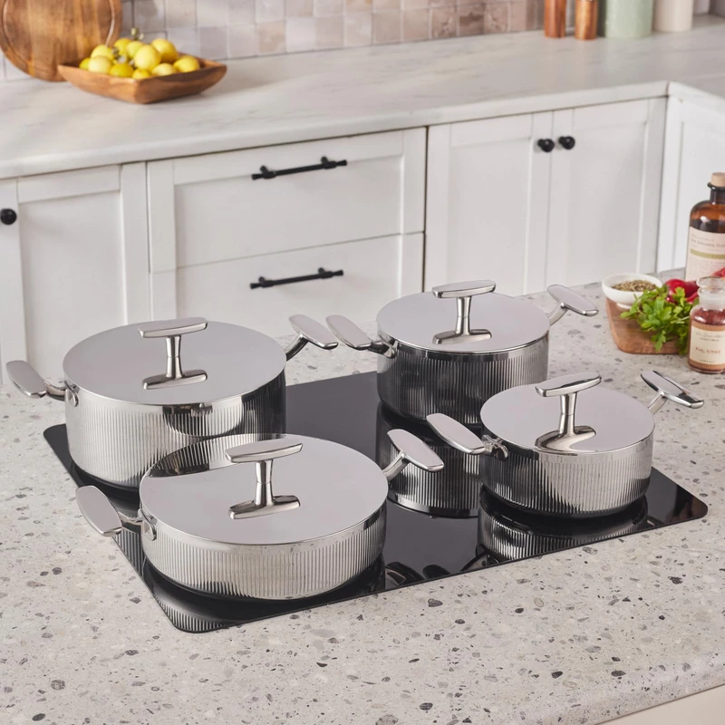 KARACA Rimova 3-Ply Stainless Steel 8-Piece Induction Cookware Set with Glass Lid, Silver