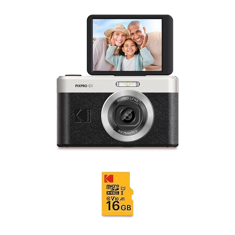 Kodak Pixpro C1 Compact Camera 13MP BSI CMOS, 4X Zoom, 2.8" LCD Screen, LED Flash, Battery - Black + 16GB Class 10 MicroSDHC Card