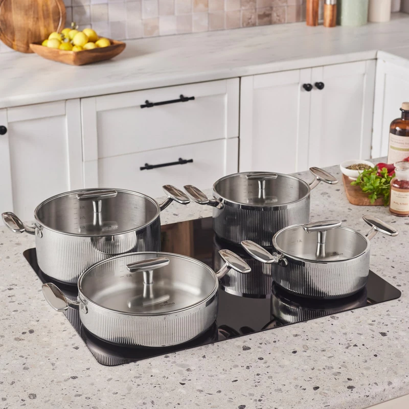 Karaca Rimova 3Ply Stainless Steel 8-Piece Induction Cookware Set with Glass Lid, Silver
