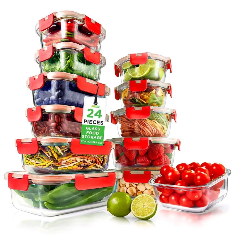 Nutrichef Glass Containers with Lids 12 Pack Meal Prep Containers – Airtight, Leakproof, Freezer to Oven Safe, Microwave & Dishwasher Safe, Glass Lunch & Food Storage (Red)
