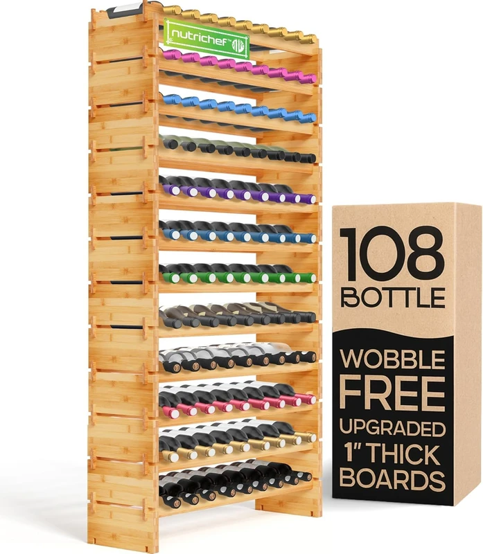 NutriChef 108 Bottle Wine Rack Stackable Bamboo Freestanding, 12 Tier Modular Shelf, Sturdy Wobble Free Upgraded 2026 Design, Easy No-Tool Assembly for Kitchen Cellar or Bar Storage 33.5" x 10" x 63”