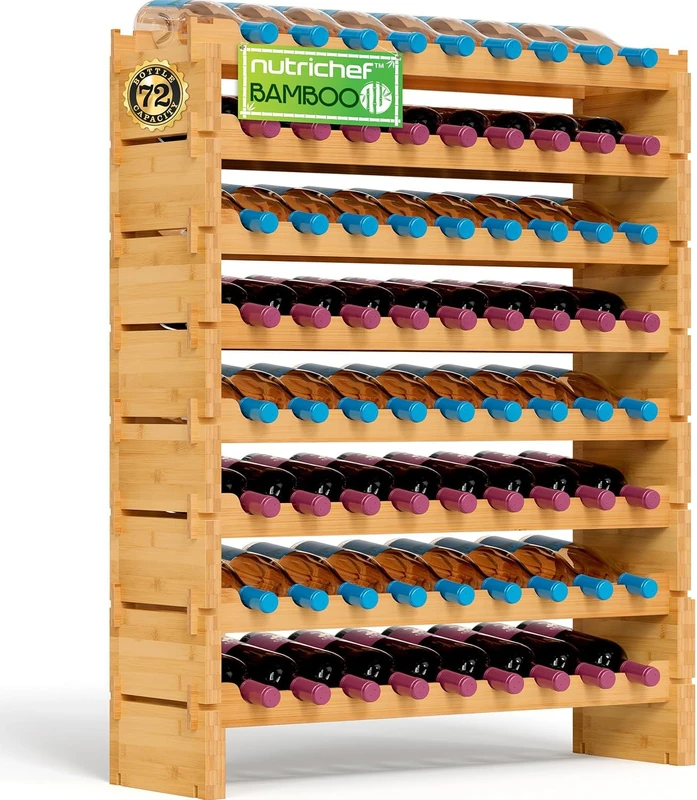 NutriChef 72 Bottle Wine Rack Stackable Bamboo Freestanding, 8-Tier Modular Shelf, Sturdy Wobble Free, Upgraded 2026 Design, Easy No-Tool Assembly for Kitchen, Cellar or Bar Storage 33.5" x 10" x 41"