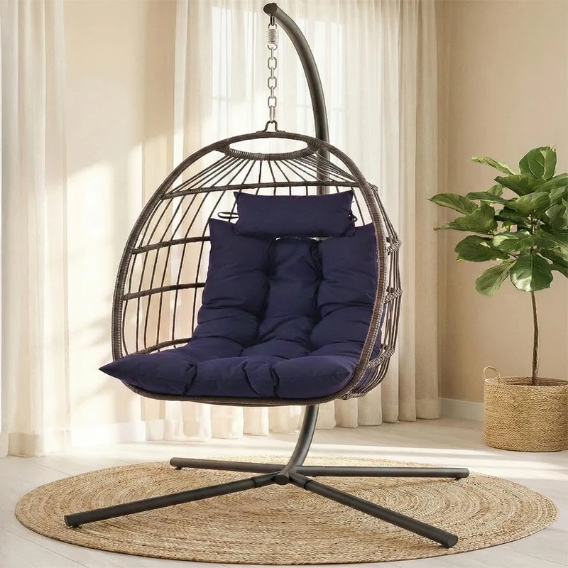 SereneLife Hanging Egg Chair with Stand - Wicker Rattan Outdoor Swing Chair, Powder-Coated Steel Frame, Padded Cushion & Headrest - Ideal Swinging Chair for Bedroom, Patio, Backyard - 350 lbs Load