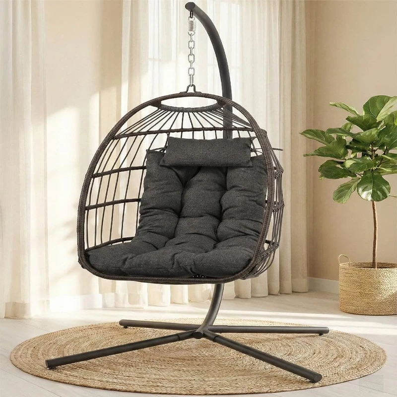 SereneLife Hanging Egg Chair with Stand - Wicker Rattan Outdoor Swing Chair, Powder-Coated Steel Frame, Padded Cushion & Headrest - Ideal Swinging Chair for Bedroom, Patio, Backyard - 350 lbs Load